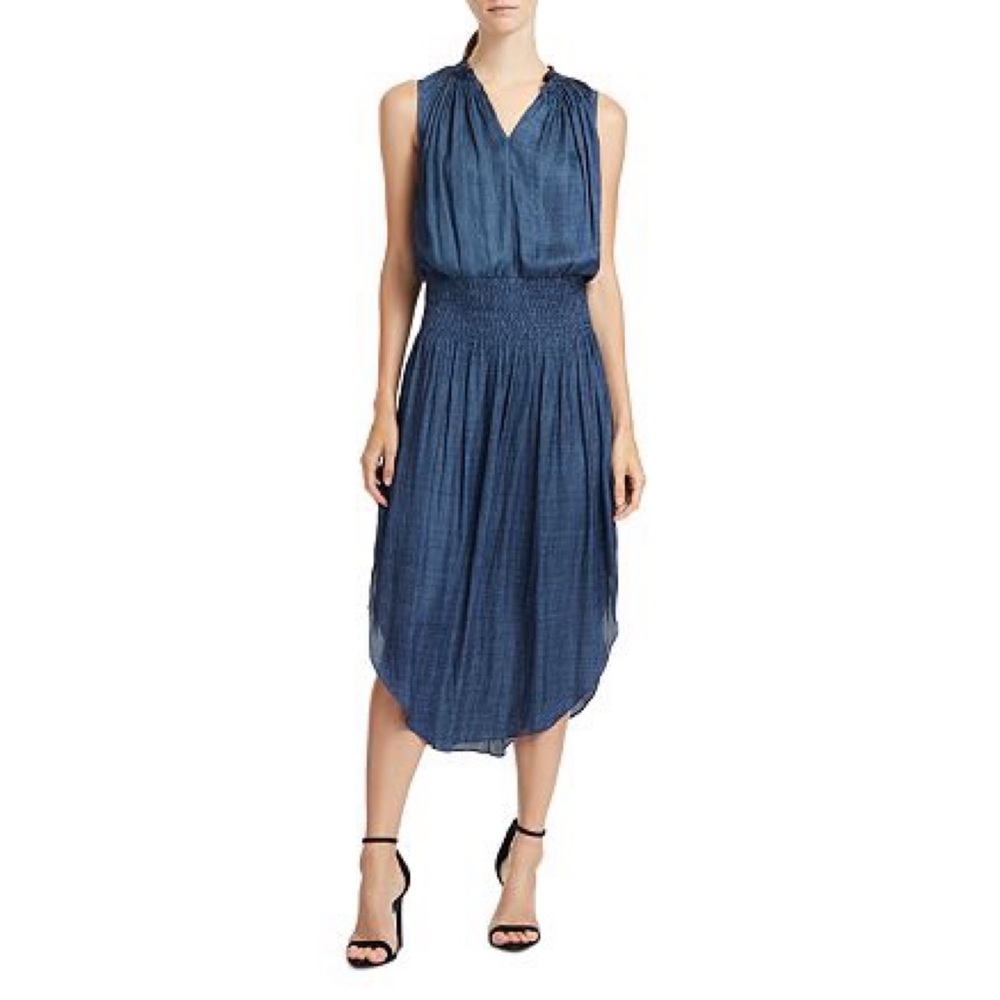 HALSTON Smocked Satin Blue Striped Sleeveless V-Neck Midi Dress